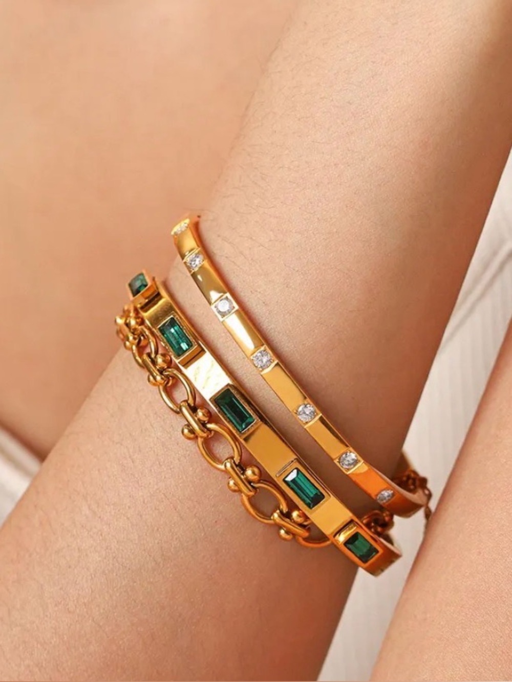 Set Rectangle Ellipse Shape Stainless Steel Waterproof Gold Bangles Set of 3
